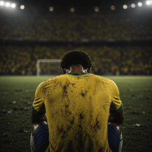 Jogador de futebol visto de costas, com a cabeça baixa e a camisa amarela suja de lama, diante de um fundo escuro. A postura transmite cansaço, frustração e o peso da derrota.