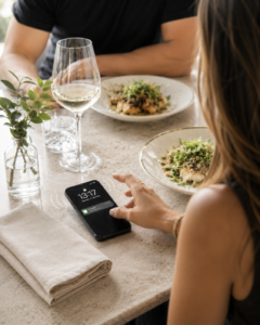 Disponibilidade demais comunica em cena de almoço com celular mostrando alerta de mensagem sobre a mesa.